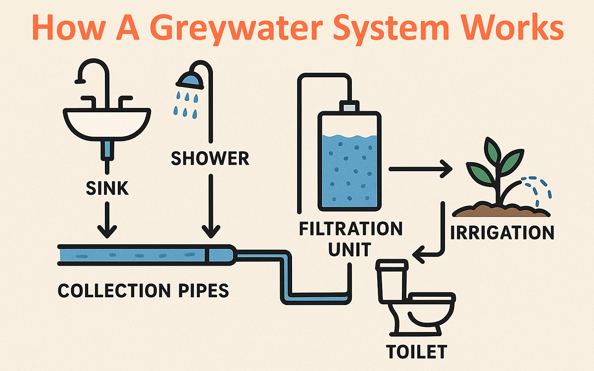 Infographic of decentralized water recycling systems showing greywater flow from household to irrigation