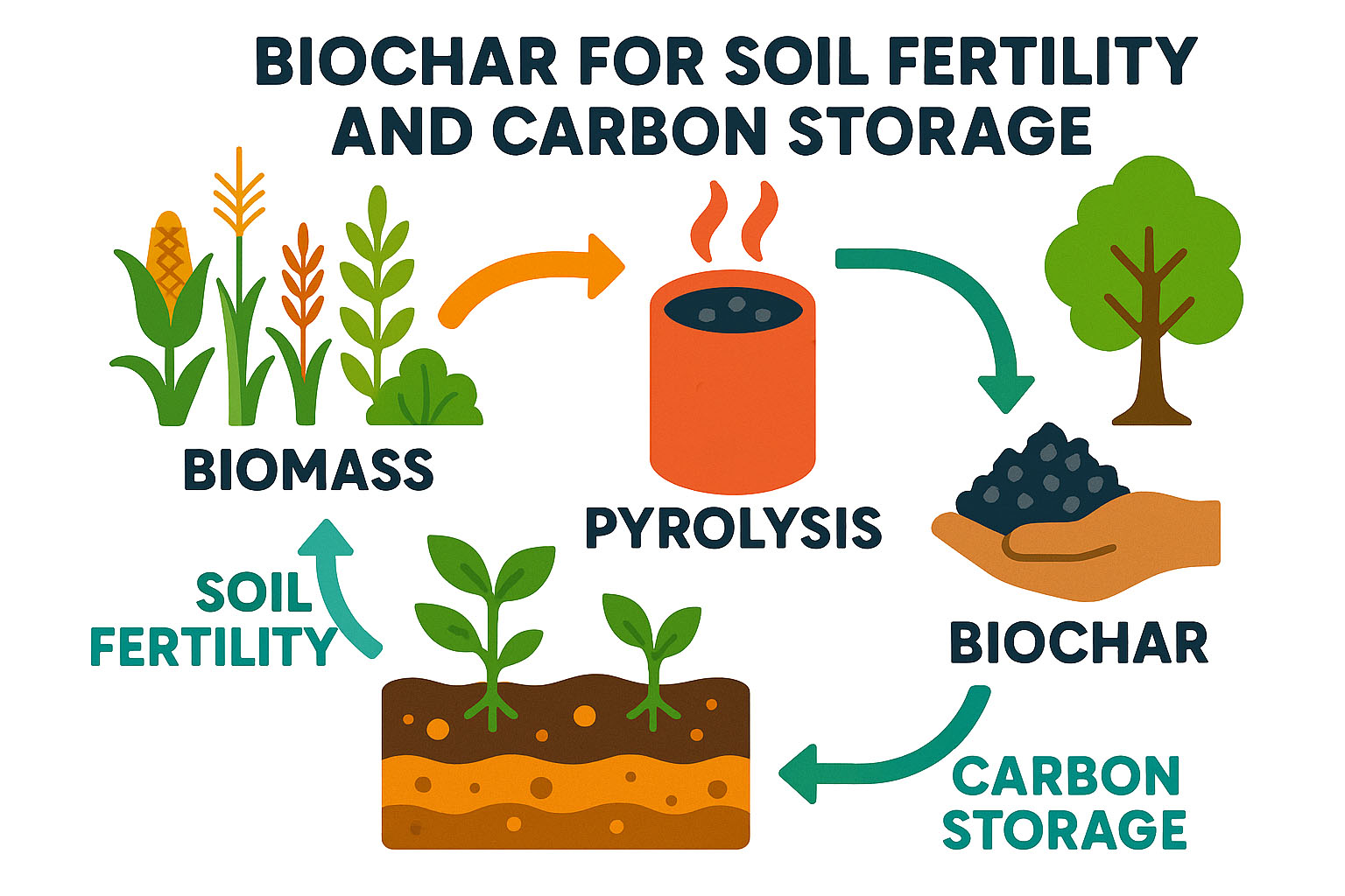 Infographic of biochar for soil fertility and carbon storage process.